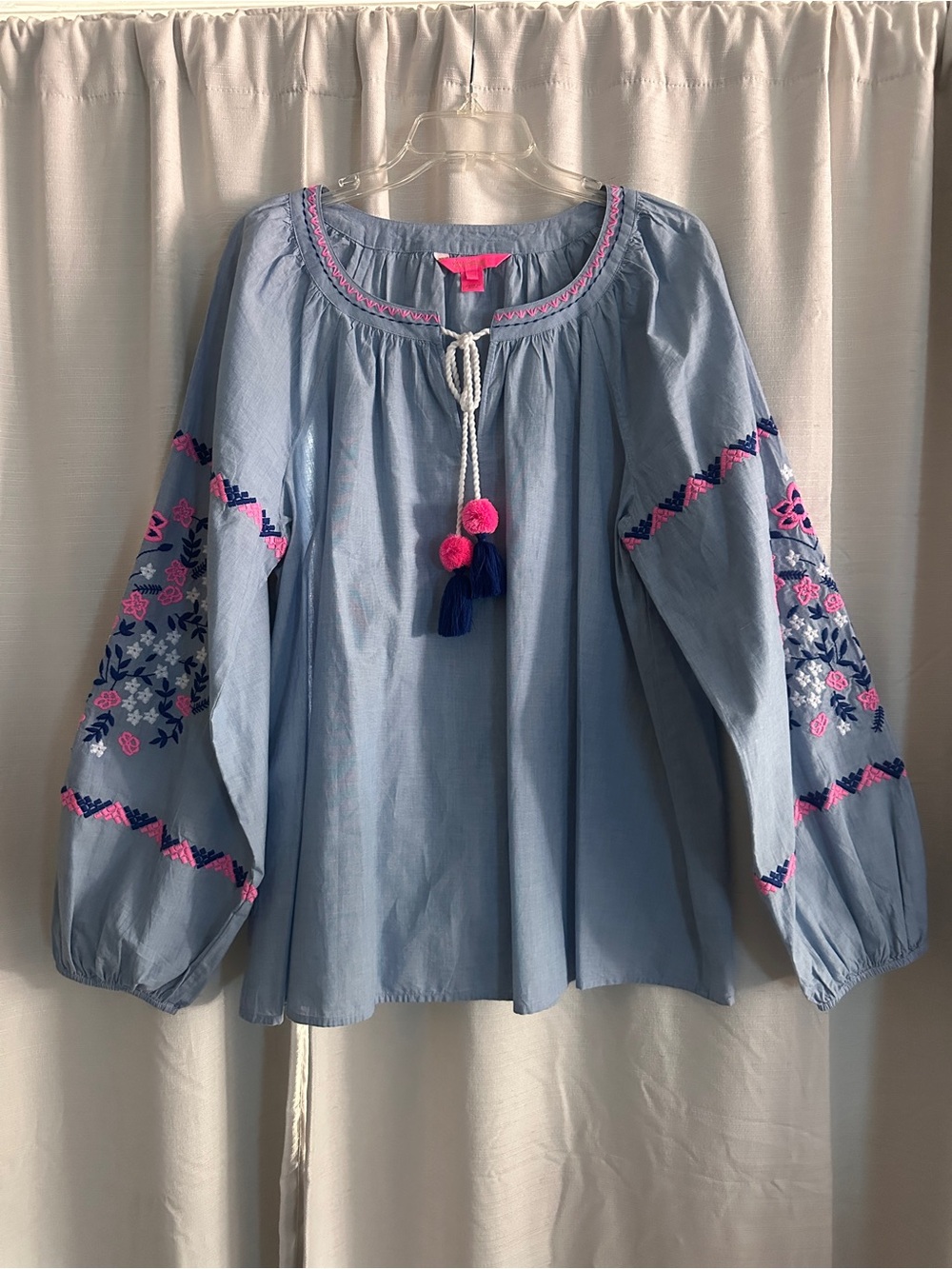 Lilly Pulitzer Light Blue Embroidered Peasant Blouse with Pink & Navy Accents